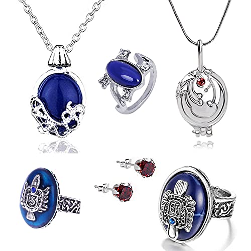 Zaky 6 Stück Vampire Halskette und Ringe Für Damen Ring Damen Der Herr Der Ringe Salvatore Damon Stefan Finger Familienwappen Ring Ohrringe-Set von Zaky