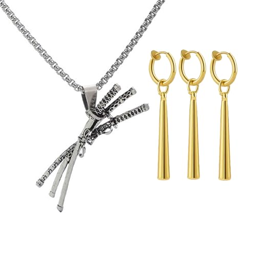 Zaky Anime Cosplay Zubehör One P. Schmuck Samurai Schwert Anhänger Zoro Halskette Ohrclip Set mit Cartoon Charakter Aufkleber (kein Ohrlochstechen erforderlich) 14 Stück von Zaky