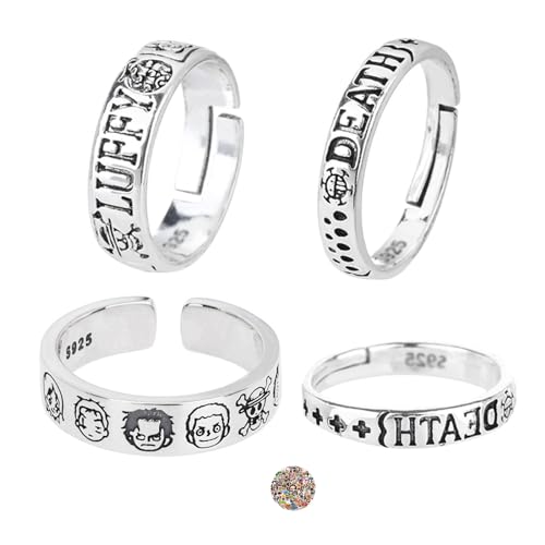 Zaky One P. Ringe Anime Style Trafalgar R. Verstellbarer Band Ring Strohhut Luffy Ring Cosplay Zubehör Set mit Charakter Aufkleber 14 Stück von Zaky