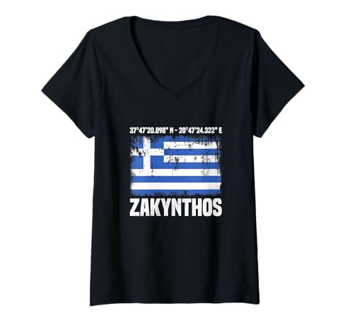 Damen Vintage Griechenland Flagge Reise Koordinaten Zakynthos T-Shirt mit V-Ausschnitt Damen Vintage Griechenland Flagge Reise Koordinaten Zakynthos T-Shirt mit V-Ausschnitt von Zakynthos Souvenir und Griechenland Gadgets