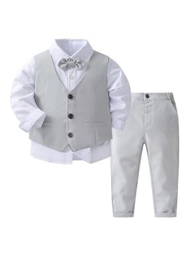 Zaldita Baby Jungen Bekleidung Set Festlich Langarm Hemd + Weste + Smoking Hose Gentleman Kleidung Set Geburtstag Party Hochzeit K Grau 98-104 von Zaldita