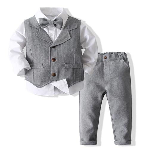 Zaldita Baby Jungen Bekleidung Set Festlich Langarm Hemd + Weste + Smoking Hose Gentleman Kleidung Set Geburtstag Party Hochzeit I Grau 92-98 von Zaldita