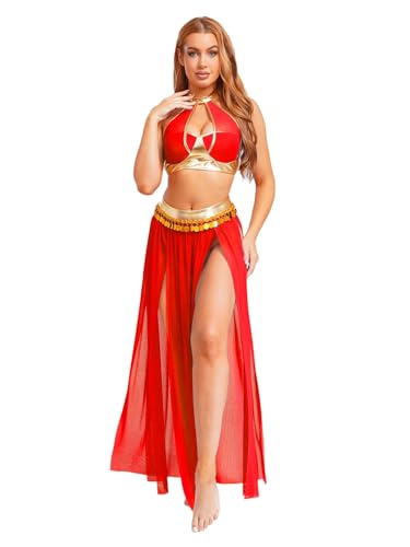 Zaldita Damen Bauchtanz Kostüm 2 Teile Set mit Spaltmaschenrock und Sequintassel Gürtel für Party und Performance Rot XL von Zaldita