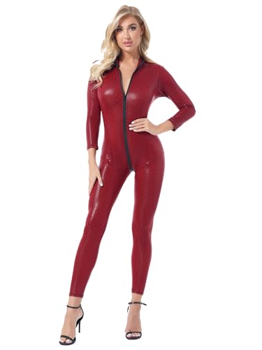 Zaldita Damen Wetlook Body Overall Einteiler Langarm Bodysuit Mit Reißverschluss Jumpsuit Erotik Dessous Lingerie Clubwear A Rot F L von Zaldita