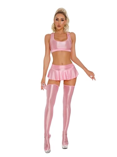 Zaldita Damen Nylon Dessous Set Ärmellos Crop Top + Micro Rock + Strümpfe Glänzend Unterwäsche Set Raves Outfit Nachtclub Party Rosa M von Zaldita