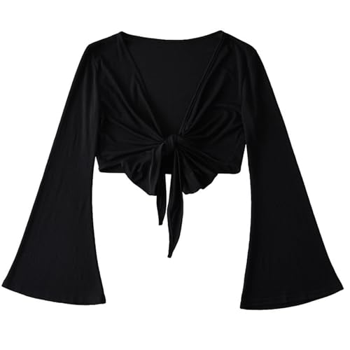 Zaldita Damen Trompetenärmel Bolero Jäckchen Bauchtanz Oberteil Latein Tanz Shrug Crop Top Festlich Cardigan Party Tanzbekleidung Schwarz Einheitsgröße von Zaldita