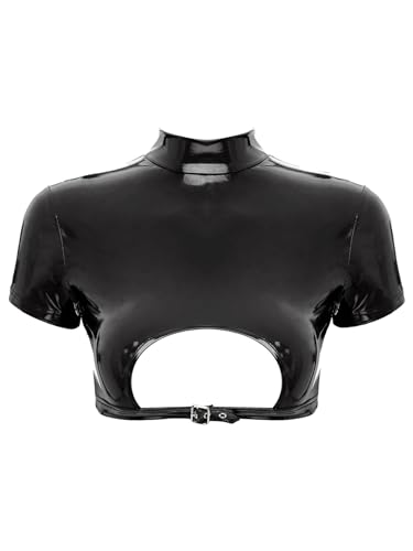 Zaldita Damen Wetlook Crop Top Kurzarm Cropshirt mit Reißverschluss Brustfrei Oberteil Tanzshirt GOGO Party Clubwear Schwarz M von Zaldita