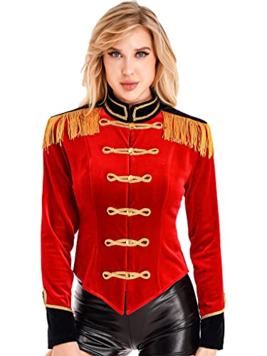 Zaldita Damen Zirkus Kostüm Langarm Zirkusdirektorin Jacke Samt Mantel mit Quasten Manege Karneval Party Cosplay Verkleidung Rot 3XL von Zaldita