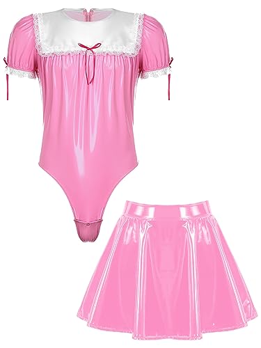 Zaldita Herren Wetlook Dessous Set Sissy Dienstmädchen Kostüm Lackleder Kurzarm Body mit Minirock Dessous Erotisch Cosplay Outfits Rosa XXL von Zaldita