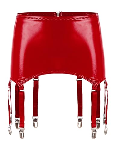 Zaldita Herren Wetlook Minirock Sissy Lackleder Rock mit Strumpfgürtel Strumpfhalter Dessous Strapsen Halter Party Clubwear GOGO Rot 4XL von Zaldita