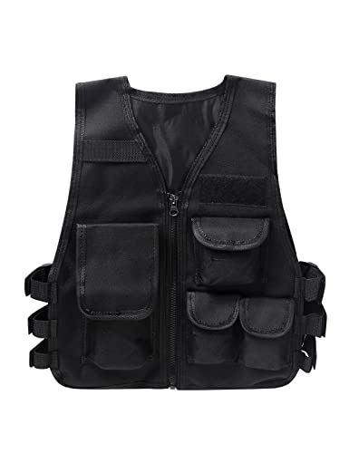 Zaldita Kinder Camouflage Weste Ärmellos Verstellbare Multi-Taschen Militär Armee Kampf Jacke Trainingsjacke CS Spiel Kostüm Camping Schwarz 8-14 Jahre von Zaldita
