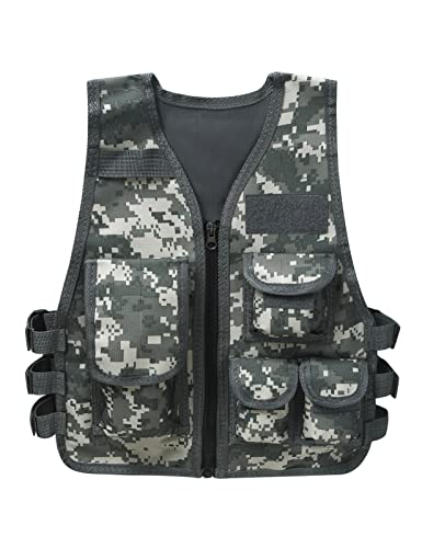 Zaldita Kinder Camouflage Weste Ärmellos Verstellbare Multi-Taschen Militär Armee Kampf Jacke Trainingsjacke CS Spiel Kostüm Camping Leichte Tarnung 8-14 Jahre von Zaldita