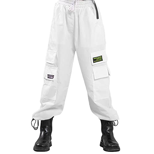 Zaldita Mädchen Cargohose Lang Baggy Hose Sporthose Mit Taschen Trainingshose Kordelzug Joggingshose Hip Hop Jazz Freizeit H Weiß 158-164 von Zaldita