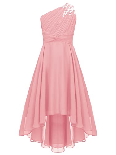 Zaldita Kinder Mädchen Festlich Kleid Lang EIN Schulter Brautjungfernkleid mits Perlen Irreguläre Prinzessin Kleid Partykleid Bühnenauftritt A Rosa 134-140 von Zaldita