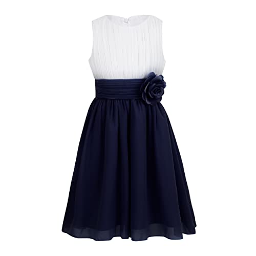 Zaldita Kinder Mädchen Festlich Kleid Hochzeit Ärmellos Chiffon Blumenmädchenkleid mit 3D Blumen Geburtstag Party Feiertag F Weiß Marineblau 146-152 von Zaldita