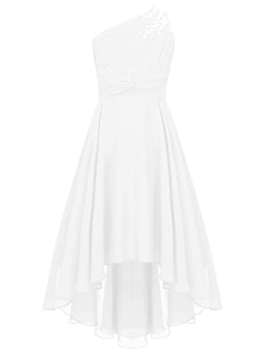 Zaldita Kinder Mädchen Festlich Kleid Lang EIN Schulter Brautjungfernkleid mits Perlen Irreguläre Prinzessin Kleid Partykleid Bühnenauftritt A Elfenbein 158-164 von Zaldita