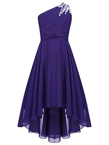 Zaldita Kinder Mädchen Festlich Kleid Lang EIN Schulter Brautjungfernkleid mit Perlen Irreguläre Prinzessin Kleid Partykleid Bühnenauftritt A Lila 122-128 von Zaldita