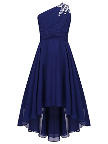 Zaldita Kinder Mädchen Festlich Kleid Lang EIN Schulter Brautjungfernkleid mits Perlen Irreguläre Prinzessin Kleid Partykleid Bühnenauftritt Aa Navy Blau 110-116 von Zaldita