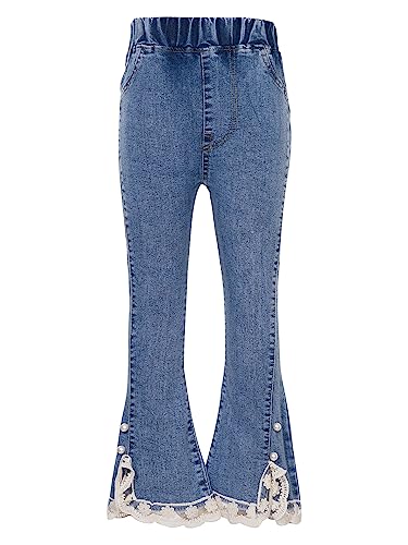 Zaldita Kinder Mädchen Jeanshose Lang Hose Elastische Bund Denim Pants mit Spitzen Schlaghose Jeans Party Freizeit A Blau 134-140 von Zaldita