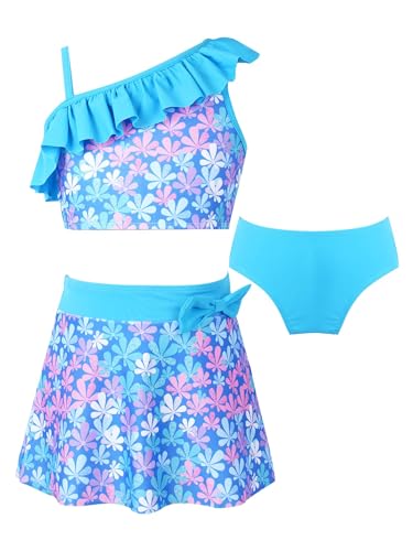 Zaldita Kinder Mädchen Tankini Set mit Blumen Durck Bikini Tank Top + Bade Slip + Schwimmrock Badeanzug Badebekleidungsset I Himmelblau 122-128 von Zaldita