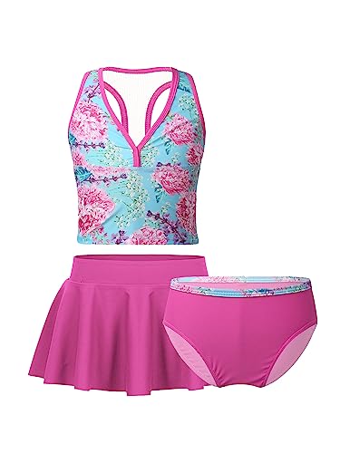 Zaldita Kinder Mädchen Tankini Set mit Blumen Durck Ärmellos Bikini Tank Top + Bade Slip + Schwimmrock Badeanzug Badebekleidungsset A Blau Rose Rot 128-140 von Zaldita