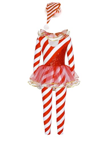 Zaldita Kinder Mädchen Weihnachtskostüm Langarm Weihnachten Overall Zuckerstangen Kostüm Jumpsuit Tuturock Tanzbody Xmas Outfit Party A Rot 170-176 von Zaldita