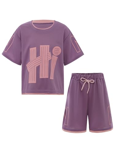 Zaldita Mädchen Sportkleidung Set Kurzarm Shirt mit Shorts für Laufen Fitness Alltag Violett 158-164 von Zaldita