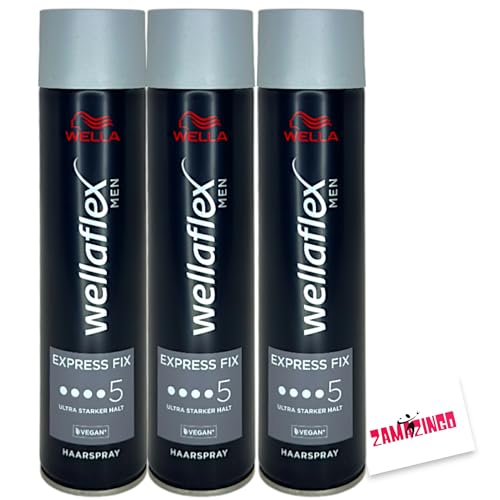 Wella Wellaflex Haarspray Men Express Fix Ultra Starker Halt 250ml | Haarspray für ultra starken Halt | Erhält den Style bis zu 48H inkl. Zama4Zingo Karte (3er Pack, Haarspray) von Zama4Zingo