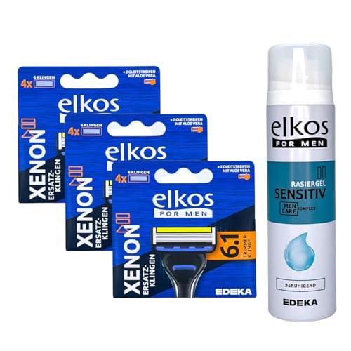 elkos Xenon 6.1 Rasiererklingen | Ersatzklingen für elkox Xenon 6.1 Rasierer (3er Pack) + elkos for Men Rasiergel Sensitiv Beruhigend 200ml von Zama4Zingo