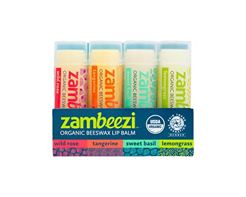 Zambeezi Fairtrade, Organic Beeswax Lip Balm - Core, 4er-Pack (Wild Rose, Tangerine, Sweet Basil and Zitronengrass) - Ethically Sourced von Zambeezi