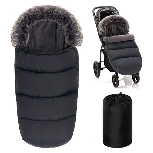 Zamboo Universal Thermo Fußsack mit Fell für Buggy Kinderwagen - Kinder Winterfußsack für 3-Punkt und 5-Punkt-Gurt, mit Kapuze und Fleece Futter - Dunkelgrau von Zamboo