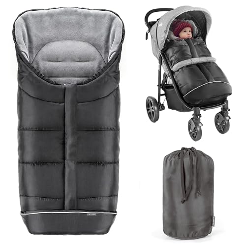 Zamboo Winter-Fußsack für Kinderwagen, Sportwagen & Buggy mit Anti-Rutschschutz, weicher Deluxe-Thermo-Fleece, Reflektorstreifen & Tasche - Schwarz Grau von Zamboo