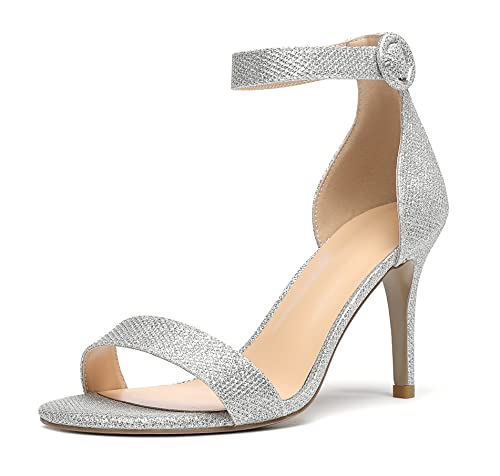 Zamikoo Damen Knöchelriemen High Heels, Elegant Stiletto Schuhe, Offene Zehen Glitter Sandaletten, Sommer Dressy Sandalen 85MM Glitter Silber EU38 von Zamikoo