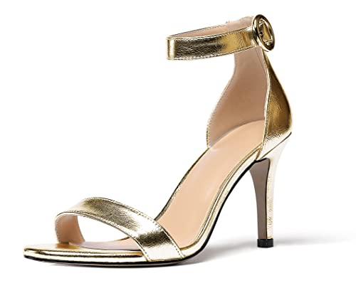 Zamikoo Damen Knöchelriemen High Heels, Elegant Stiletto Schuhe, Offene Zehen Glitter Sandaletten, Sommer Dressy Sandalen 85MM Matte Gold EU38 von Zamikoo