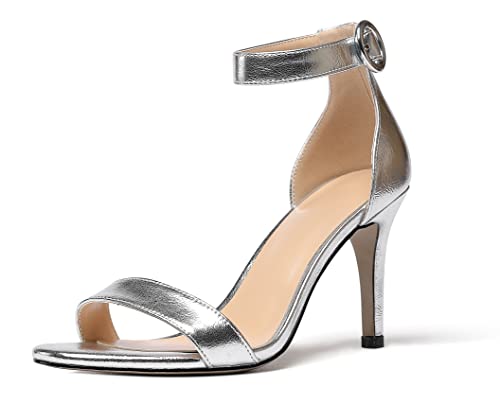 Zamikoo Damen Knöchelriemen High Heels, Elegant Stiletto Schuhe, Offene Zehen Glitter Sandaletten, Sommer Dressy Sandalen 85MM Matte Silber EU38 von Zamikoo