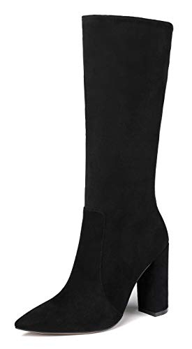 Zamikoo Damen Langschaft Stiefel mit Blockabsatz 4 Inch High Heel Schuhe Mid-calf Reißverschluss Boots Schwarz EU45 von Zamikoo