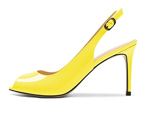 Zamikoo Damen Pumps mit Absatz Peep Toe Slingback Sandalen Riemchen Stilettos Pumps 8.5CM Patent Gelb EU39 von Zamikoo