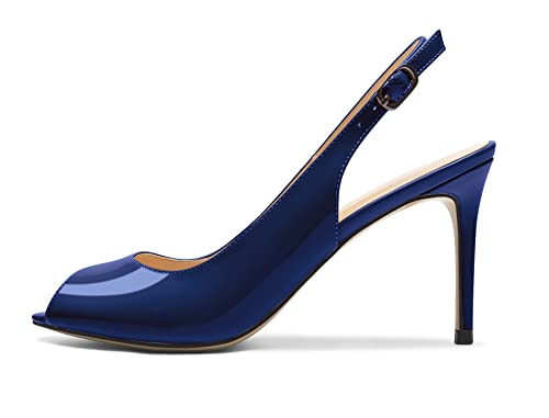 Zamikoo Damen Pumps mit Absatz Peep Toe Slingback Sandalen Riemchen Stilettos Pumps 8.5CM Patent Marine EU39 von Zamikoo