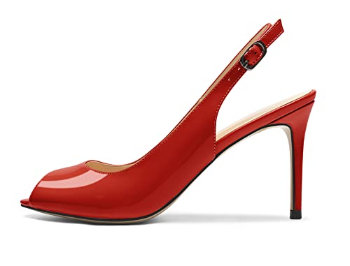 Zamikoo Damen Pumps mit Absatz Peep Toe Slingback Sandalen Riemchen Stilettos Pumps 8.5CM Patent Rot EU40 von Zamikoo