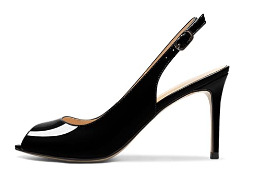 Zamikoo Damen Pumps mit Absatz Peep Toe Slingback Sandalen Riemchen Stilettos Pumps 8.5CM Patent Schwarz EU40 von Zamikoo