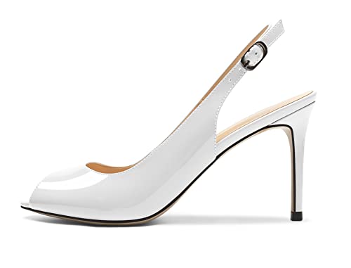 Zamikoo Damen Pumps mit Absatz Peep Toe Slingback Sandalen Riemchen Stilettos Pumps 8.5CM Patent Weiß EU40 von Zamikoo