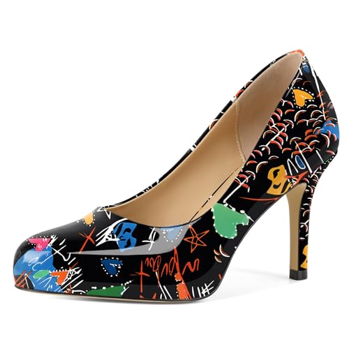 Zamikoo Damen Stiletto Pumps Geschlossen Spitz Zehe High Heels Slip On 9cm Bequem Business Hochzeit Party Kleid Schuhe Graffiti EU 41 von Zamikoo