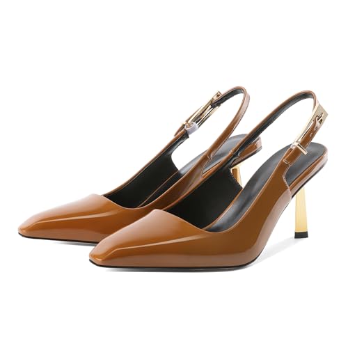 Zamikoo Elegante Party Schuhe für Frauen Slingback Pumps mit Spitz Zehe Gold Stiletto Heel 3 Inch Patent Leder Verstellbare Schnalle Verschluss Mode Schuhe Braun EU37 von Zamikoo