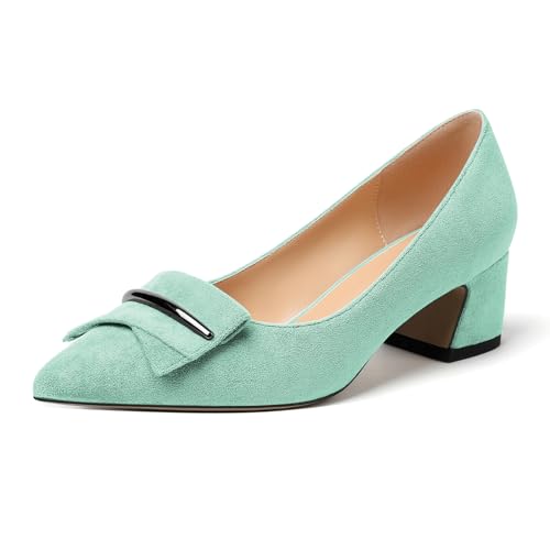 Zamikoo Frauen Block Absätze Spitze Zehe 6.5cm Slip On Klassisch Elegante Metallschnalle Pumps Büro Schuhe Wildleder Mintgrün EU 40 von Zamikoo
