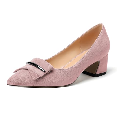 Zamikoo Frauen Block Absätze Spitze Zehe 6.5cm Slip On Klassisch Elegante Metallschnalle Pumps Büro Schuhe Wildleder Rosa EU 40 von Zamikoo