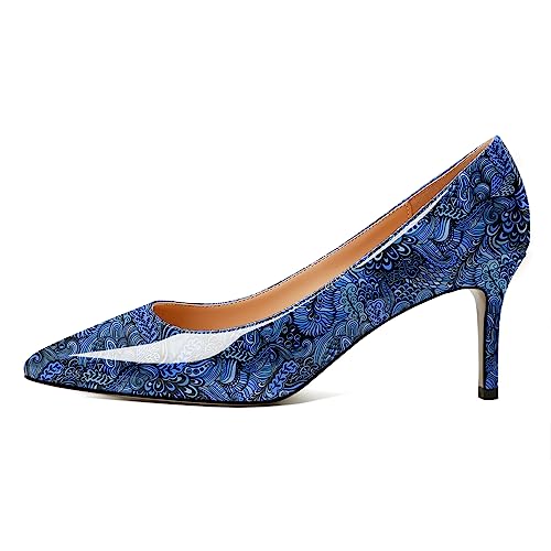Zamikoo Frauen Kätzchen Absätze Spitze Zehe 6.5cm Slip On Klassisch Elegante Pumps Büro Schuhe Blume Blau EU 40 von Zamikoo