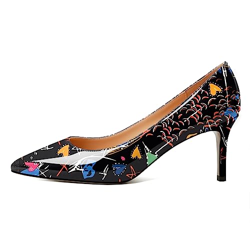 Zamikoo Frauen Kätzchen Absätze Spitze Zehe 6.5cm Slip On Klassisch Elegante Pumps Büro Schuhe Graffiti EU 40 von Zamikoo