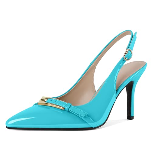 Zamikoo Pointed Toe Slingback Heels für Frauen Knöchelriemen Stiletto High Slip On Metall Schnalle 9CM Mode Pumps Dressy Schuhe Türkis EU 36 von Zamikoo