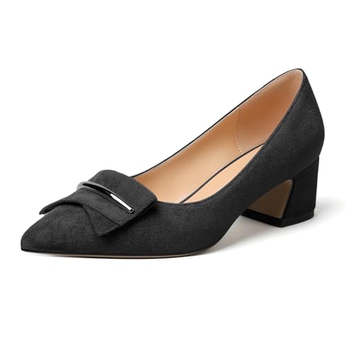 Zamikoo Spitze Zehe für Frauen Block Absätze Slip On Klassisch Elegante Metallschnalle Pumps Büro Schuhe 6.5cm Wildleder Schwarz EU 38 von Zamikoo