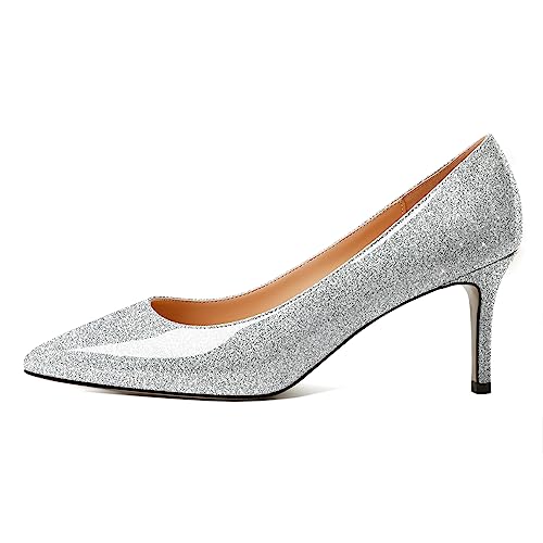 Zamikoo Spitze Zehe für Frauen Kätzchen Absätze Slip On Klassisch Elegante Pumps Büro Schuhe 6.5cm Silber EU 38 von Zamikoo